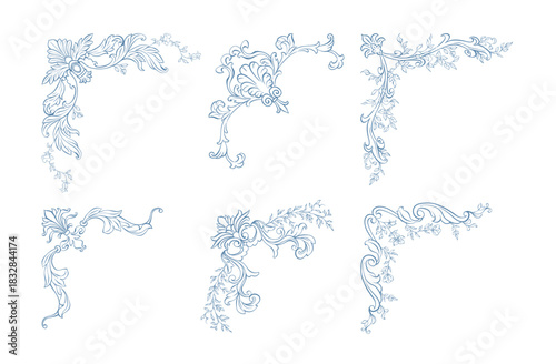 Vintage corner set. Baroque classic corner frames with hand drawn acanthus leaves and florals. Whimsical Victorian corners line art for wedding invitation decor, card, book cover, and save the date.