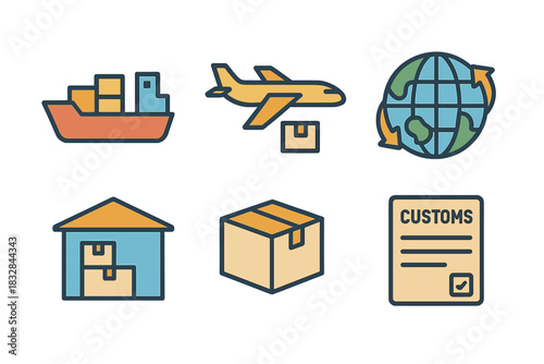Shipping and logistics icons featuring ship airplane globe warehouse box customs