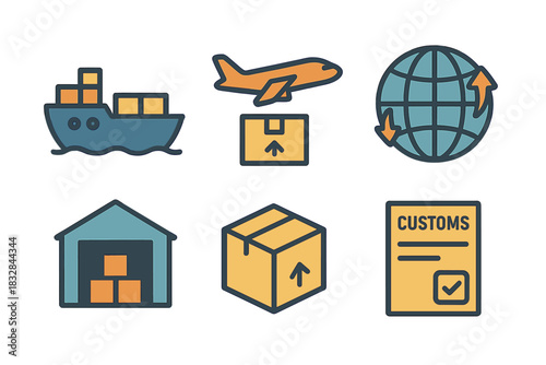 Global shipping and logistics icons: airplane, ship, warehouse, customs, world map, cargo box