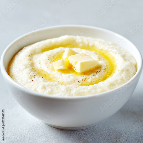 Creamy bowl of hot buttery grits topped with a melting pat of butter and a swirl of golden butter