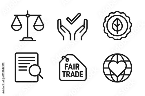 Ethical business icons: scales, approval, environment, document, fair trade, global heart