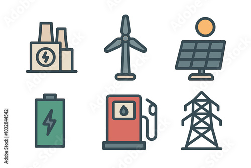 Renewable and traditional energy icons: power plant, wind turbine, solar panel, battery, gas pump, transmission tower