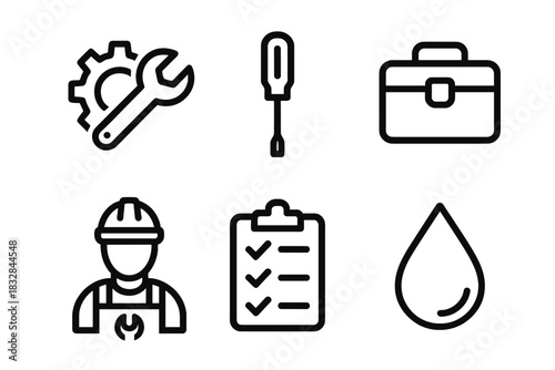Maintenance tools and safety equipment icons on dark background