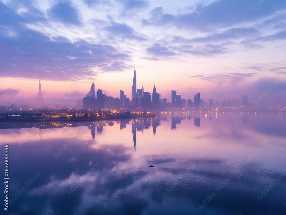 Fototapeta premium City skyline reflection at dawn with vibrant colors over the water