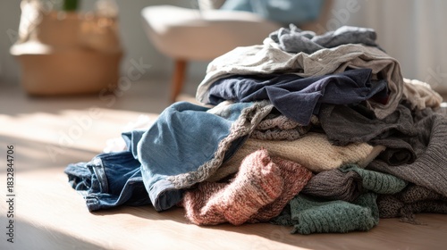 Messy textiles and garments in a cozy home setting