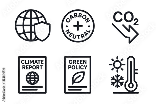 Sustainable icons set featuring carbon neutrality and green policy symbols