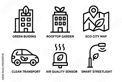Green building icons: rooftop, eco map, clean transport, air quality, smart streetlight
