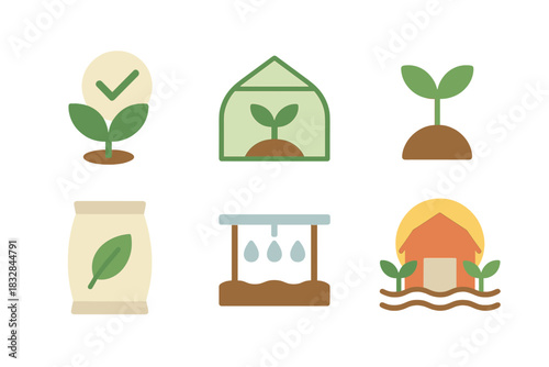 Sustainable agriculture icons: plant growth, greenhouse, irrigation concepts