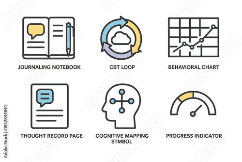 Therapeutic icons: journaling, cbt loop, behavioral chart, thought record, cognitive mapping, progress indicator