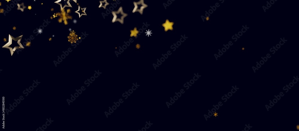 Obraz premium Abstract festive background with gold stars and snowflakes floating over a dark blue background. Perfect for holiday des