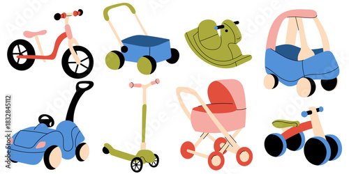 Set of childrens ride-on toys and baby transport. Includes balance bikes, scooters, strollers, wagons and rocking horse. Perfect for kids products, branding and playful designs.