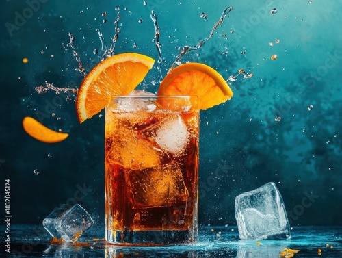Refreshing cocktail splashes with ice and orange slices in a vibrant setting