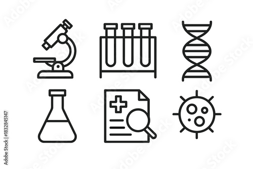 Scientific icons: microscope, test tubes, dna, flask, report, microbe