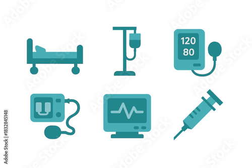 Glowing medical icons: hospital bed, iv stand, blood pressure monitor, heartbeat screen, syringe