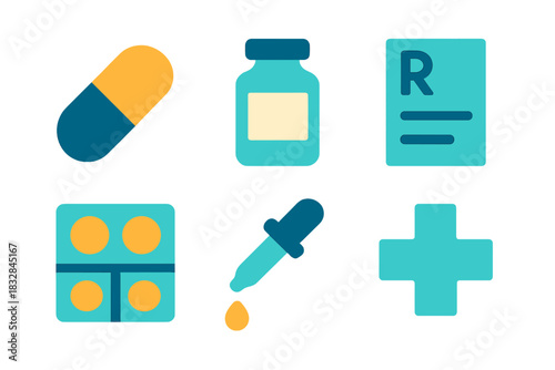 Colorful medical icons: capsule, medicine bottle, prescription, tablet blister, dropper, cross