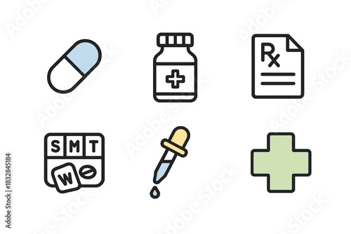 Medical icons: capsule, medicine bottle, prescription, pill organizer, dropper, cross