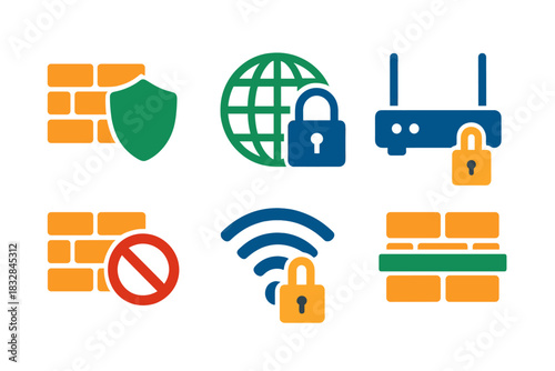 Cybersecurity icons: firewalls, locks, and network protection symbols