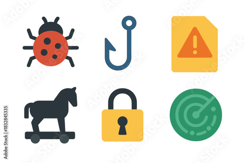 Cybersecurity icons: bug, phishing hook, warning, trojan horse, lock, radar