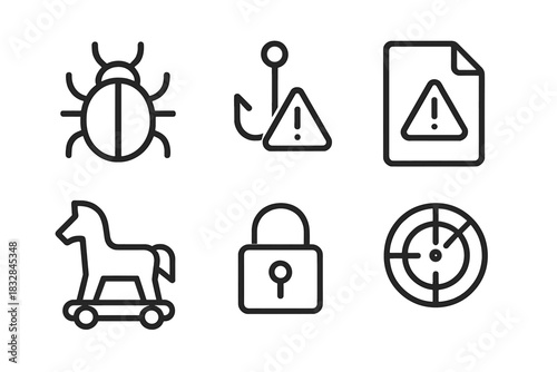 Cybersecurity icons: malware, phishing, trojan, lock, radar on dark background