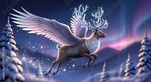 A winged reindeer with ice antlers flies through a snowy landscape beneath aurora borealis