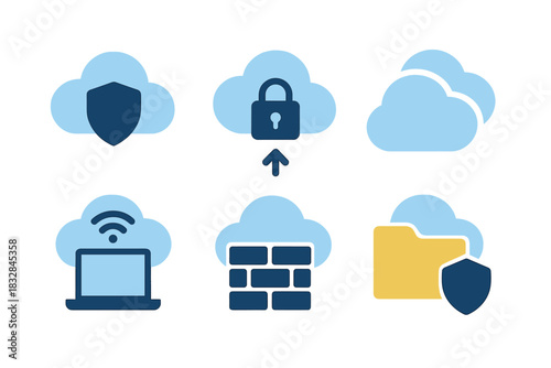 Digital security icons: cloud safety, encryption, firewall, data protection, secure storage