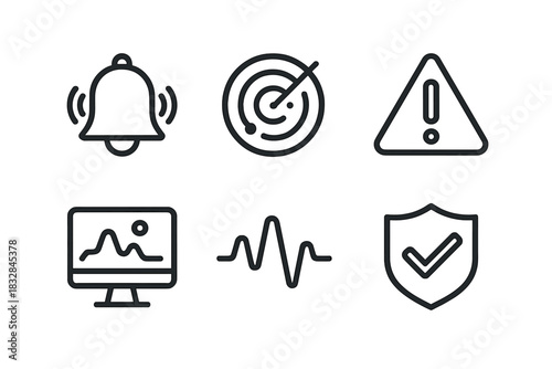 Dark gray icon set with alarm, radar, alert, monitor, pulse, and shield symbols