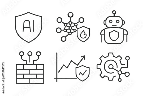 Ai security icons - shield, robot, firewall, gear, graph, network