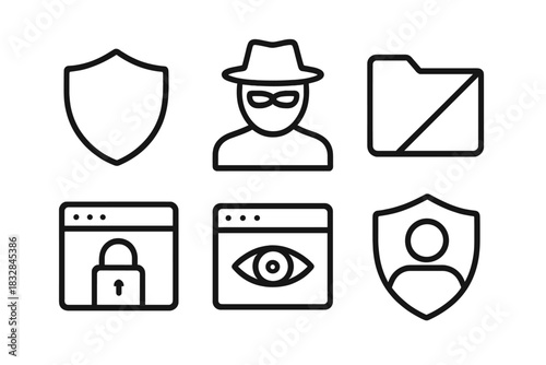 Cybersecurity icons: shield, hacker, file, lock, eye, user protection symbols