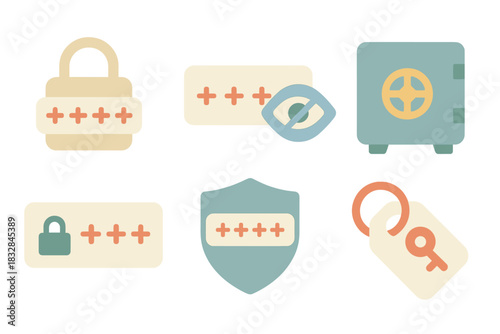 Security icons featuring lock, eye symbol, safe, and key on digital background