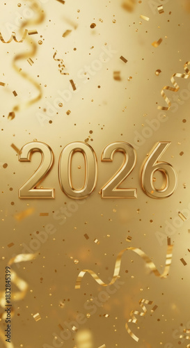 Golden numbers representing the year 2026, surrounded by festive confetti and streamers on a vibrant gold background, symbolizing celebration and new beginnings