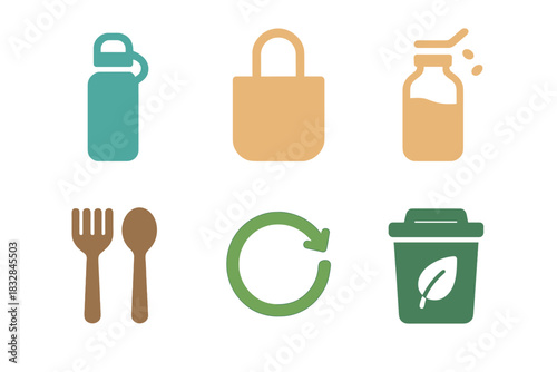 Sustainable lifestyle icons: reusable, eco-friendly, recycling, composting, bottle, bag