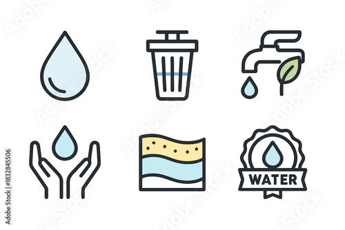 Water conservation icons with drop, tap, and waste management symbols