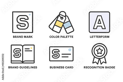 Brand elements icons: brand mark, color palette, letterform, guidelines, business card, badge