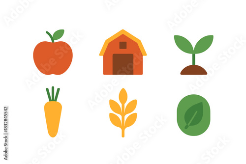 Glowing farm icons featuring apples, carrots, wheat, barn, seedlings, and leaf