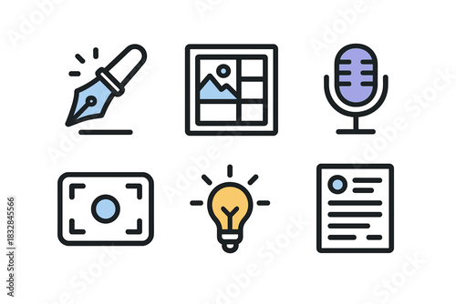 Creative tools icons: pen, gallery, microphone, camera, lightbulb, document