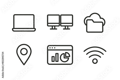 Digital technology icons: laptop, monitors, cloud, location, analytics, wifi