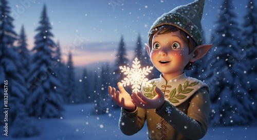 Animated elf boy holding a glowing snowflake against a snowy forest backdrop evoking a wintery scene