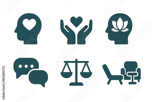 Mental health and wellness icons featuring heart, balance, and communication