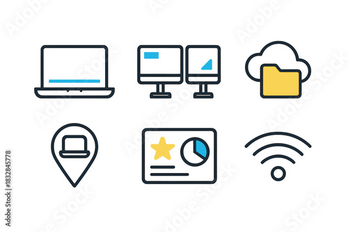 Colorful technology icons: laptop, monitors, cloud, folder, wifi, location, id