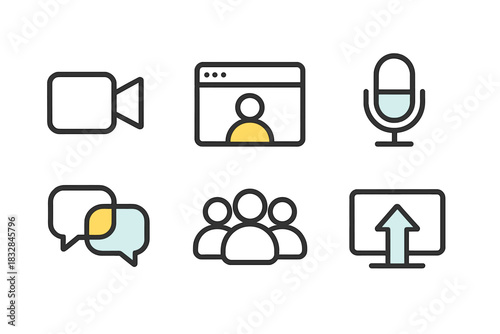 Digital communication icons for video, audio, chat, and screen sharing
