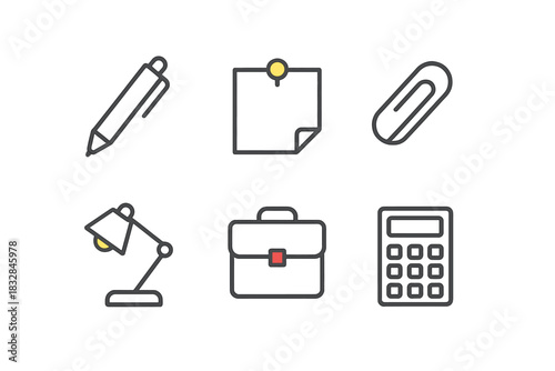 Minimalist office icons: pen, notepad, paperclip, lamp, briefcase, calculator