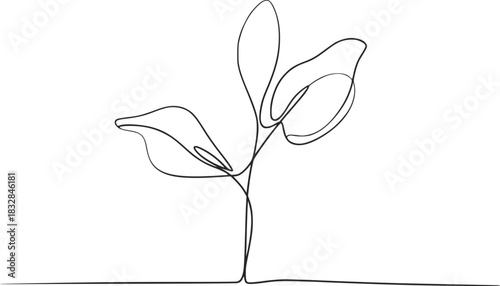 Minimalist black and white line drawing of a plant sprout