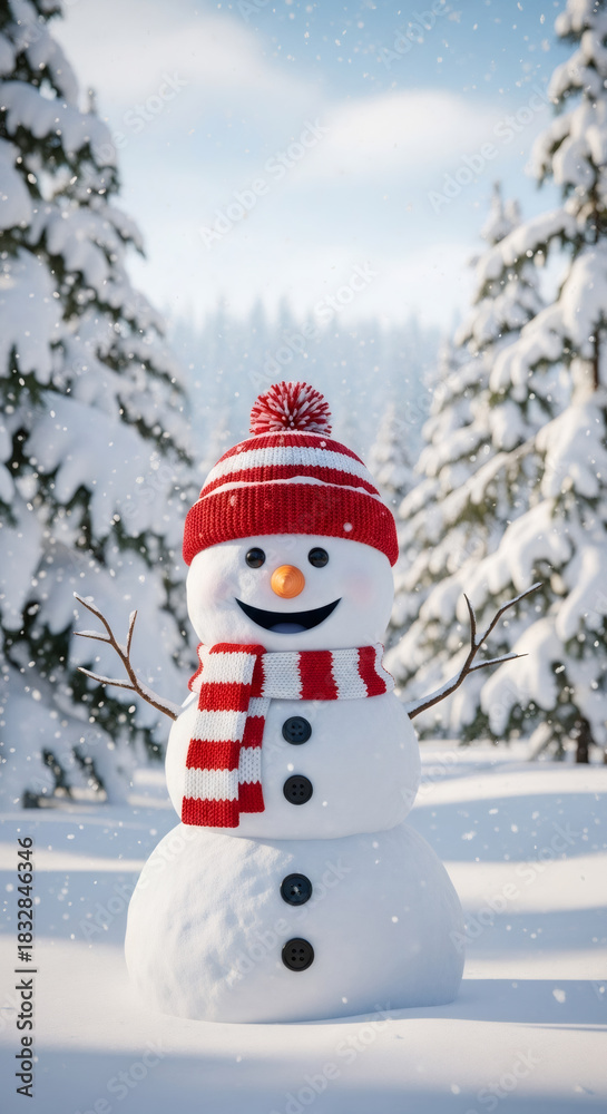 Fototapeta premium Cheerful snowman wearing red and white striped scarf and hat stands in snowy landscape surrounded by evergreen trees, embodying festive spirit of Christmas and New Year celebrations