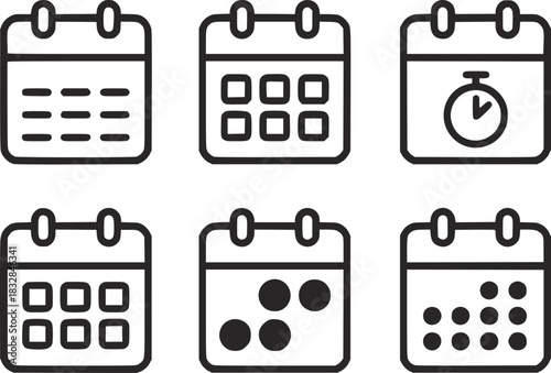 Six minimalist calendar icons with different date representations