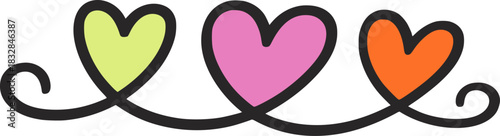 Three hearts connected by a swirling line love romance