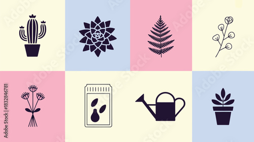 A collection of simple modern flat design icons representing various plants and gardening tools arranged in a grid on pastel colored backgrounds