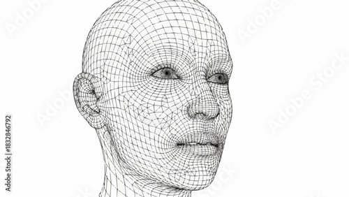 Intricate wireframe human head portrait showcasing digital artistry and technological innovation.