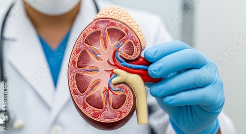 Medical professional wearing blue latex gloves holding detailed anatomical kidney model showing internal structure cross-section with blood vessels and ureter in clinical setting