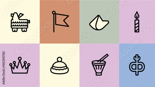 A collection of simple flat design icons representing party and celebration elements like a pi ata flag fortune cookie candle crown cupcake drum and a party favor