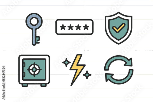 Security icons: key, password, shield, safe, lightning bolt, refresh symbols